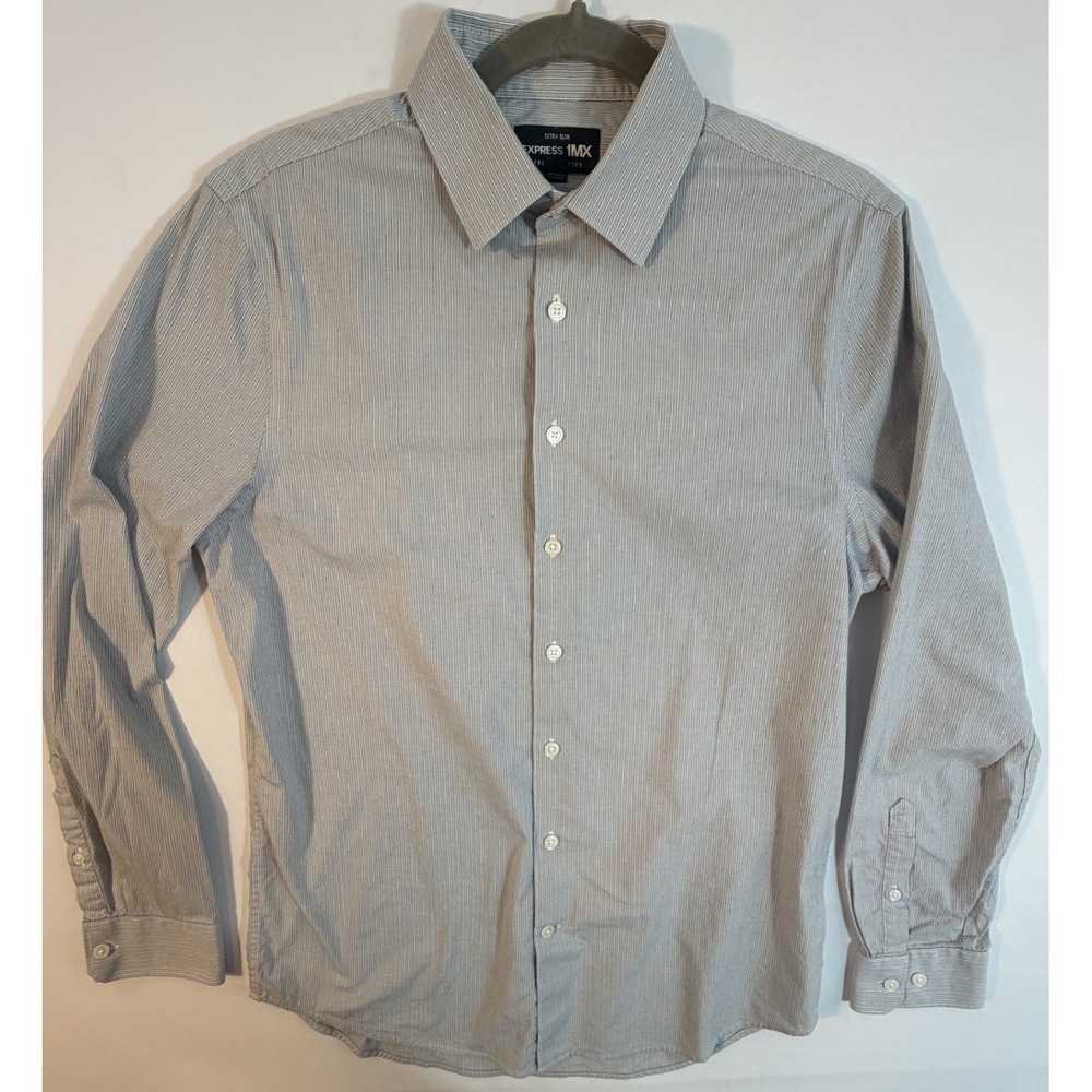 Express 1MX Shirt Mens Small Grey Pinstripe Excellent Extra Slim Fit Stretch